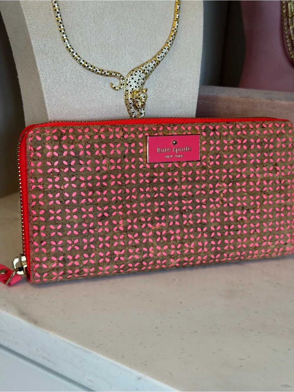 kate spade EUC Brown double face zipper Wallet with Coral Underlay and Trim